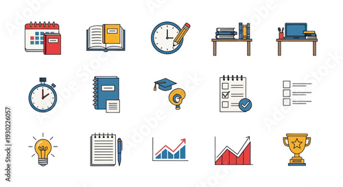 Education and Productivity Icons: Calendar Book Clock Desk Stopwatch Notebook Graduation Cap Checklist Lightbulb Graph Trophy.