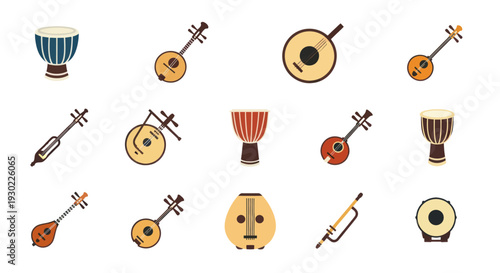 Vibrant Traditional Musical Instruments Icon Set featuring Drums Lutes and Banjo-like String Instruments.