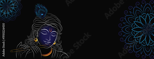lord krishna elegant line art vector illustration on dark background