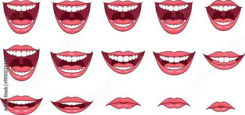 Cartoon mouth expressions set, lips and teeth emotions collection isolated on white background for animation, emoji, character design illustration