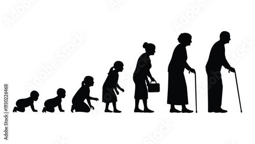 Human life stages from infancy to old age in silhouette isolated on white background, Vector