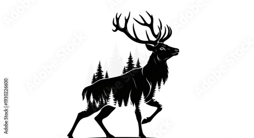 Black Silhouette of Running Moose Deer.