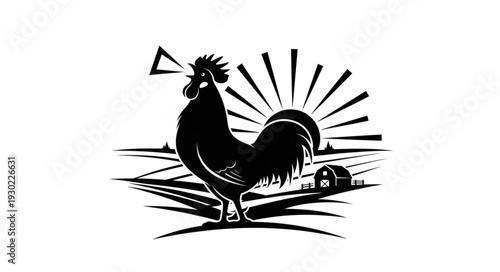 Black Silhouette Rooster Crowing Sunrise.