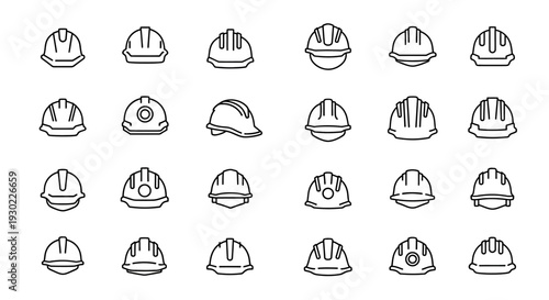 A collection of various safety helmet icons in a flat design style, featuring construction helmets, hard hats, and industrial safety symbols in black silhouettes on a white background.