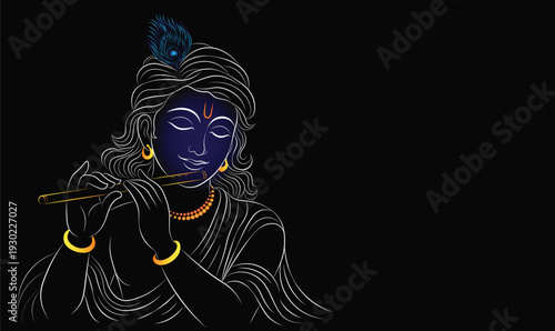 lord krishna elegant line art vector illustration on dark background