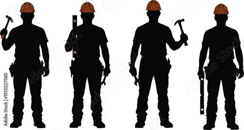 Construction worker silhouettes with tools set, builders holding hammer level equipment isolated on white background for industry, labor, repair design