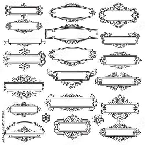 Frames vintage ornamental set with elegant baroque scrollwork borders, label templates and decorative dividers in black outline