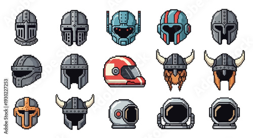 A collection of 14 various helmets and head protection gear icons in different styles and colors, including construction, sports, and fantasy designs, arranged in three rows on a clean