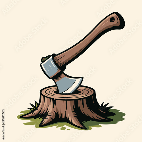 Lumberjack axe embedded in a tree stump, symbolizing deforestation and nature