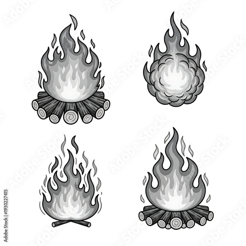 Campfire icon set with grayscale flame, smoke and burning logs in cartoon style, isolated symbols for camping and outdoor heat