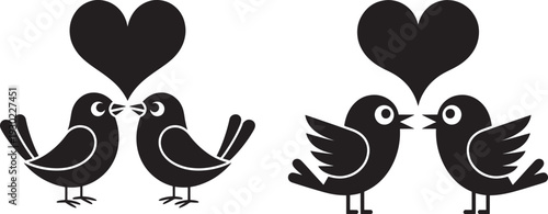 Two cute black silhouette birds in love, sharing hearts, conveying romance and affection