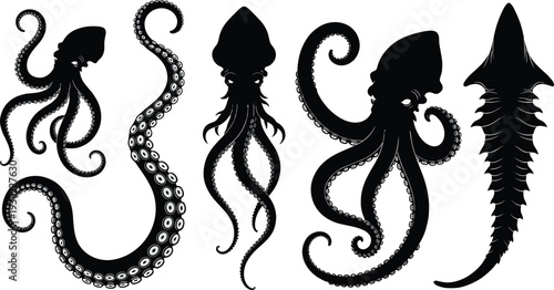 Black silhouettes of squid and octopus sea creatures
