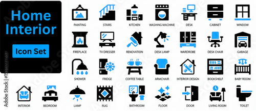 Home Interior solid icon set contains sofa, kitchen, house, toilet, TV stand, bedroom, bathtub, dining table, home office desk, living essentials and more.