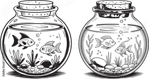 Two cartoon fish in glass jars with water, plants, and bubbles, black and white illustration