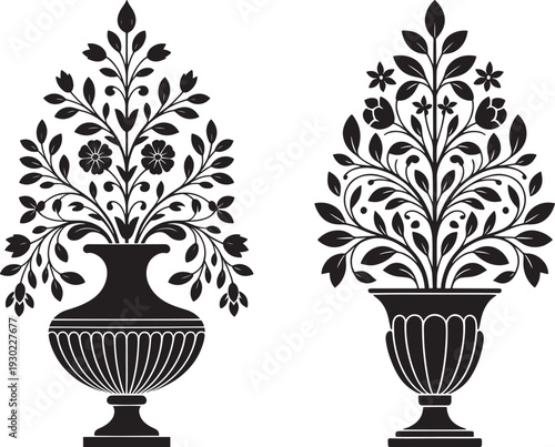 Elegant black vector ornaments of floral arrangements in classic urns, decorative design elements