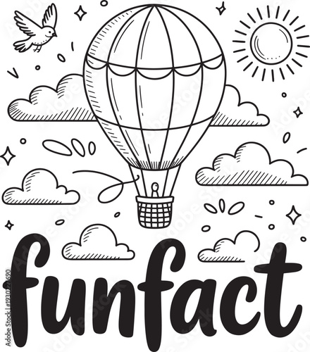 Hot air balloon with a person in the basket floating among clouds and a bird, hand-drawn illustration