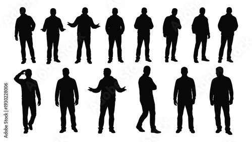 A group of black silhouettes of men in various poses isolated on white background, Vector