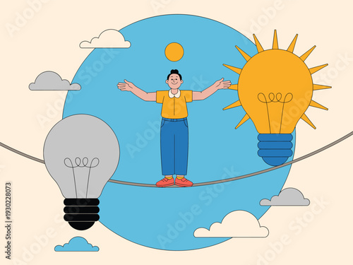 Creative person balancing on tightrope between two light bulbs, representing idea generation and innovation.