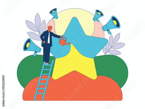 Man on ladder watering a star, symbolizing growth, nurturing success, and achieving goals with support