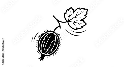 Black and White Gooseberry Icon with Leaf and Stem