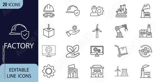 Factory and manufacturing web line art icon set. Factory, industry, product, machine, company, construction collection. Vector illustration.
