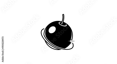Black bomb icon with orbiting rings and a sparkle, isolated on white background
