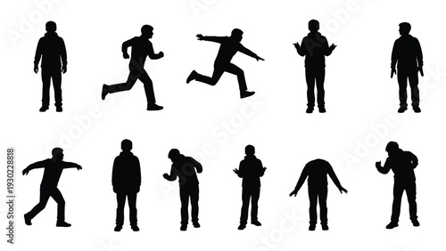A group of people in various running poses isolated on white background, Vector