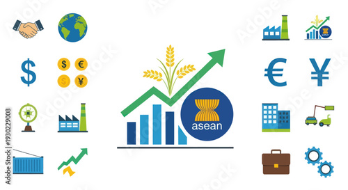 ASEAN Economic Growth: Agriculture, Industry, Finance, and Global Trade Icons