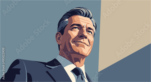 A confident and distinguished man in a suit gazes upwards with a hopeful expression, rendered in a modern, stylized illustration.