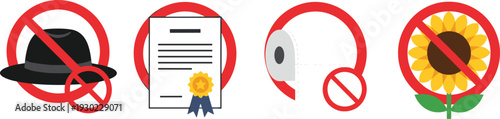Prohibited icons set, no hat certificate toilet paper and sunflower symbols isolated on white background for restriction warning, rules, signage design