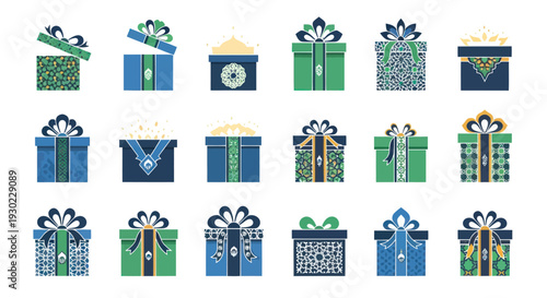 Collection of Festive Gift Boxes with Ornate Patterns in Green and Blue