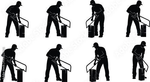 Road construction worker silhouettes set, laborers using asphalt tools and paving equipment isolated on white background for infrastructure, repair, industrial design