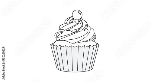 Simple line drawing of a cupcake with frosting and a cherry on top, isolated on white background.