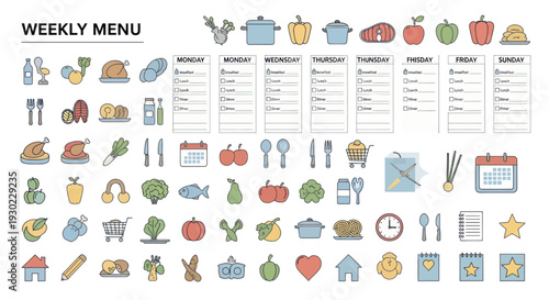 Weekly Menu Planner with Food Icons and Calendar - A Diet and Meal Prep Organizer