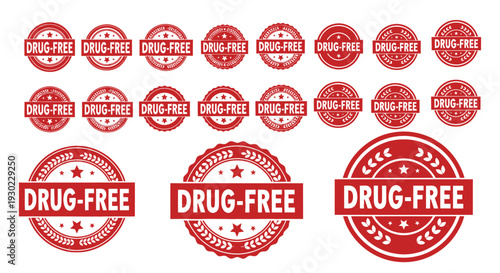 Collection of Red "Drug-Free" Stamps and Seals on White Background