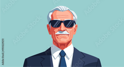 A stylish senior man with a mustache and gray hair, wearing a sophisticated suit and cool sunglasses, exuding confidence and elegance.
