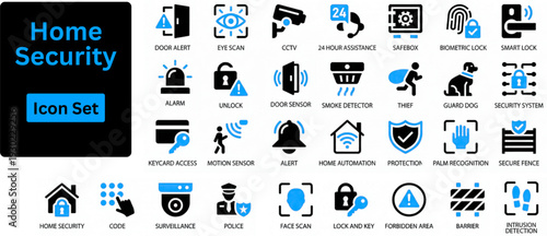 Home Security solid icon set contains Home security, CCTV, cyber safety, fire alert, and thief prevention. 