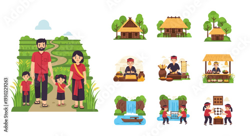 Traditional Balinese Family and Village Life Vector Illustration