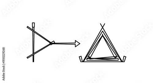Tent setup diagram: from poles to a triangular shelter