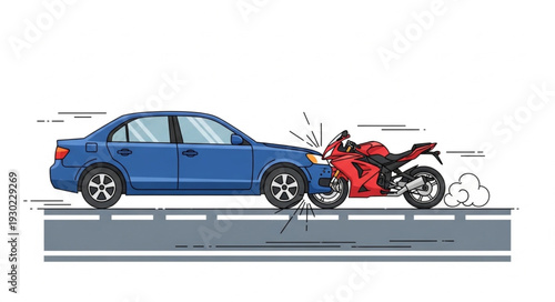 Blue Car Crashes into Red Motorcycle.