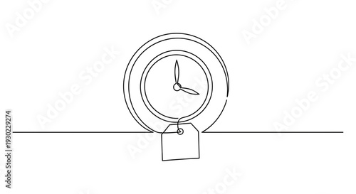 Time is Money Concept: Clock with Price Tag, Continuous Line Art