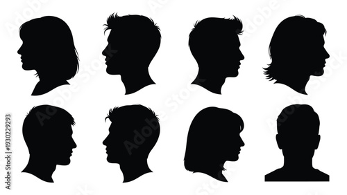 A collection of eight different human head silhouettes isolated on white background, Vector
