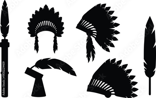 Black silhouettes of Native American headdresses and feathers tribal