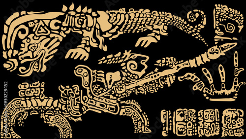 Mayan dragon and warrior. Аbstraction. Symbols, letters, masks and pictures
 of the ancient Maya and Toltec civilization 