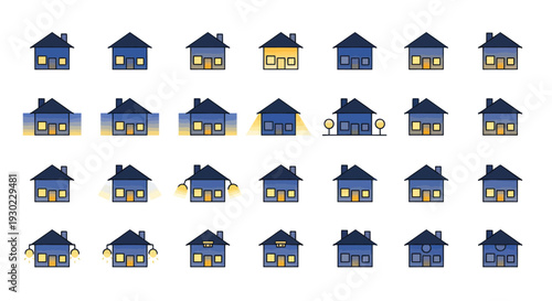 Collection of Stylized Houses Icons at Night, Evening Glow, Residential Buildings, Vector Art