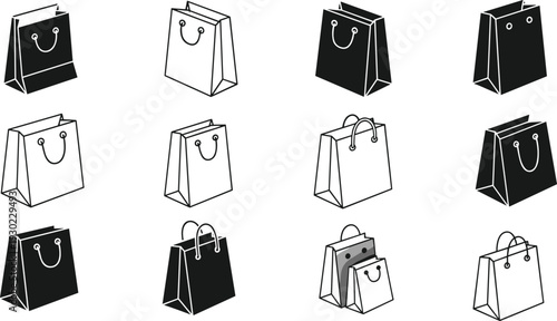 Shopping bag icons set, retail paper bags collection isolated on white background for ecommerce, store packaging, marketing, branding, consumer purchase design