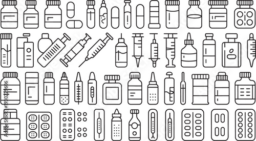 Black and white of medical and pharmaceutical bottles syringes