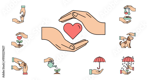 Hands Protecting Heart, Plant, Dog, and Health Icons
