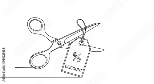 Scissors cutting discount tag, symbolizing price reduction and sales promotion