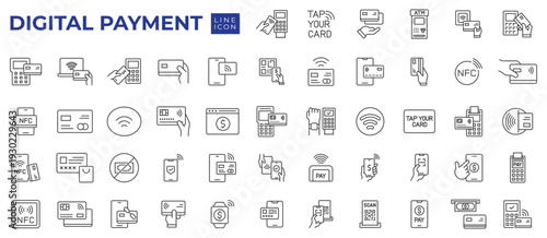 Digital Payment Line Icons Collection. Smartphone Pay, NFC, E-Wallet and Money Transfer vector icon collection